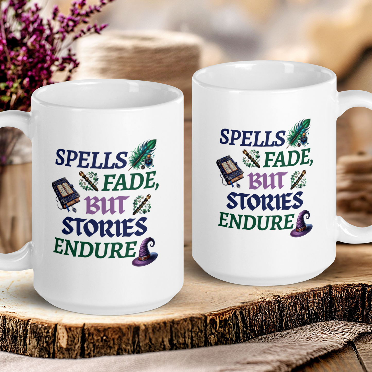 Two white mugs with literary-themed text on a wooden surface.