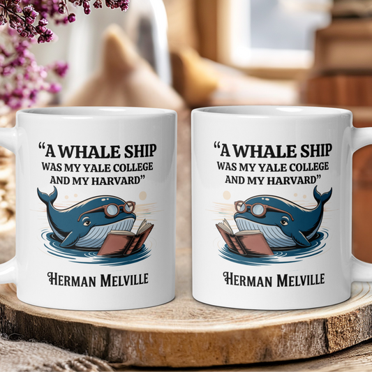 Two mugs with a whale and book design, featuring text about Yale College and Harvard, on a wooden surface.