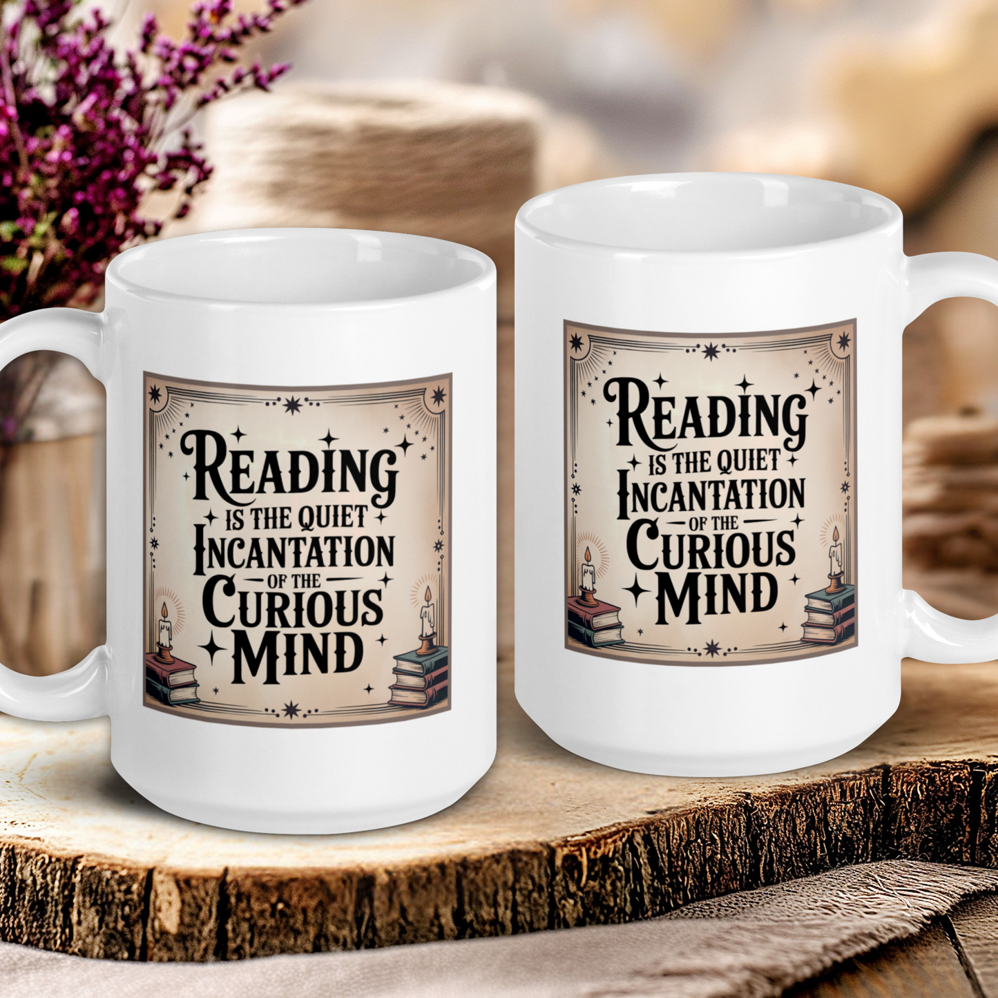 Two white mugs with reading-themed designs on a wooden surface.
