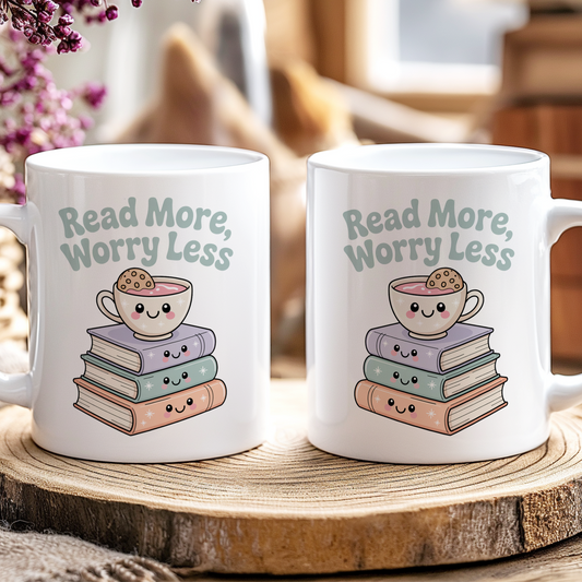 "Read more, worry less" Kawaii Mug
