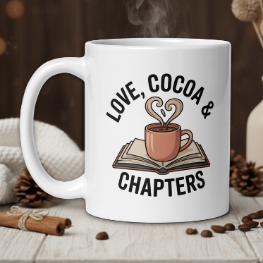 White mug with 'Love, Cocoa & Chapters' design on a wooden table with coffee beans and a vase in the background.