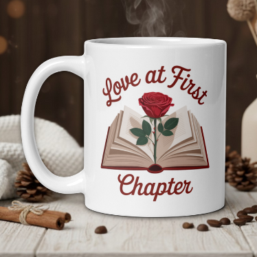 White mug with 'Love at First Chapter' design featuring a rose and book, on a wooden table with coffee beans and a vase.