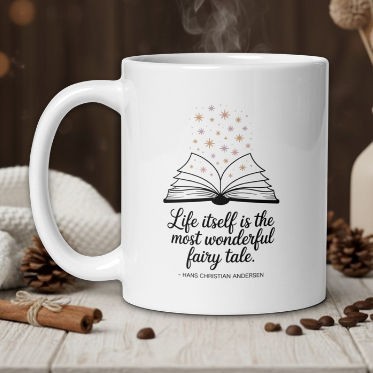 White mug with a literary quote on a wooden table with coffee beans and a vase in the background