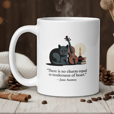 White mug with a cat and violin design and Jane Austen quote, placed on a wooden surface with coffee beans and a vase.
