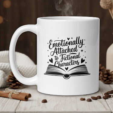 White mug with 'Emotionally Attached to Fictional Characters' text on a wooden table with coffee beans and a vase.