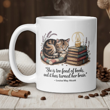 White mug with a cat and books illustration and a quote, placed on a wooden table with coffee beans and a vase in the background.