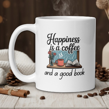 White mug with 'Happiness is a coffee and a good book' text on a wooden table with coffee beans and a vase.