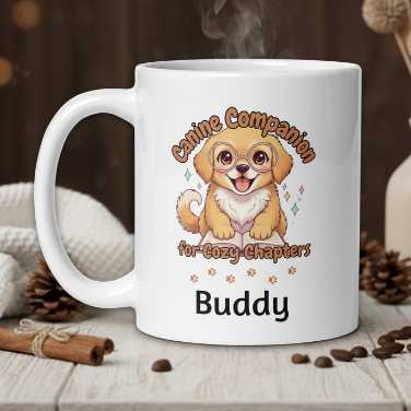 White mug with a dog illustration and text on a wooden table with coffee beans and a vase.