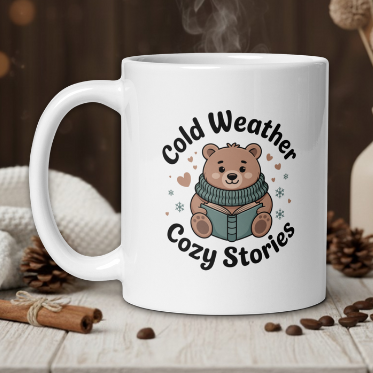 White mug with a bear design and text 'Cold Weather Cozy Stories' on a wooden table with a warm background.