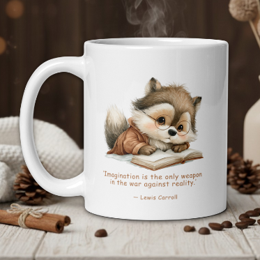 White mug with a fox illustration and quote on a wooden table with a warm background