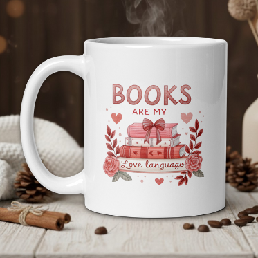 White mug with 'Books are my love language' design on a wooden table with coffee beans and a vase in the background.