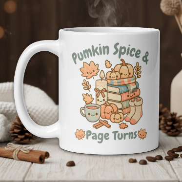 "Pumpkin Spice & Page Turns" Kawaii mug