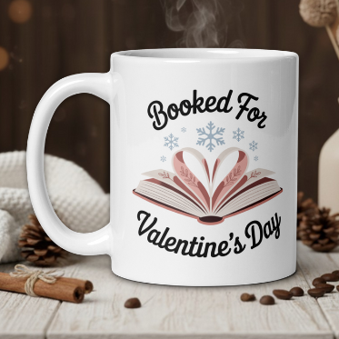 White mug with 'Booked For Valentine's Day' design on a wooden table with coffee beans and a vase in the background.