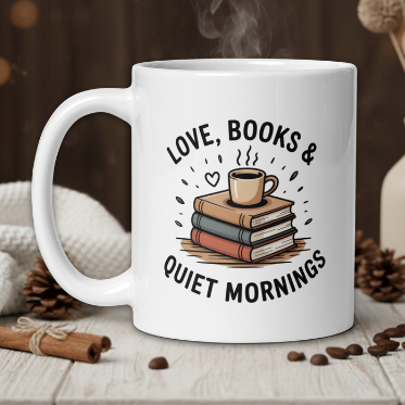 White mug with 'Love, Books & Quiet Mornings' design on a wooden table with coffee beans and a vase.
