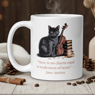 White mug with a cat and violin design, steaming hot, on a wooden table with cozy decor.