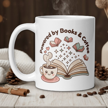 White mug with 'Powered by Books & Coffee' design on a wooden table with coffee beans and a vase in the background.