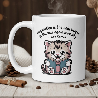 White mug with a cat illustration and quote on a wooden table with decorative items.