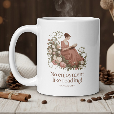 White mug with a decorative design and text on a wooden table with a warm background