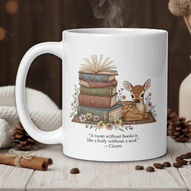 White mug with a design of books and a deer, placed on a wooden surface with coffee beans and a vase in the background.