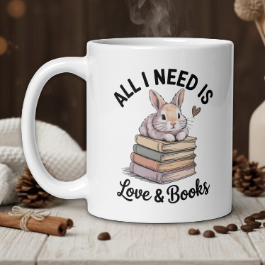 White mug with a rabbit and books design, text 'All I Need Is Love & Books', on a wooden table with coffee beans and a vase.
