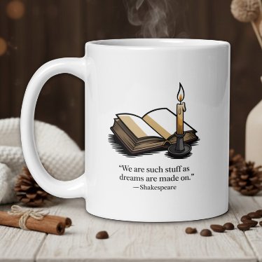 White mug with Shakespeare quote and book and candle design, steaming on a wooden table.