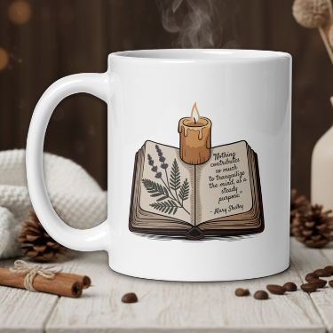 White mug with a book and candle design, steam rising, on a wooden table with decorative items.