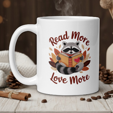 White mug with a raccoon reading a book design and text 'Read More Love More' on a wooden table.