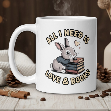 White mug with a rabbit design and text 'All I Need is Love & Books' on a wooden table.