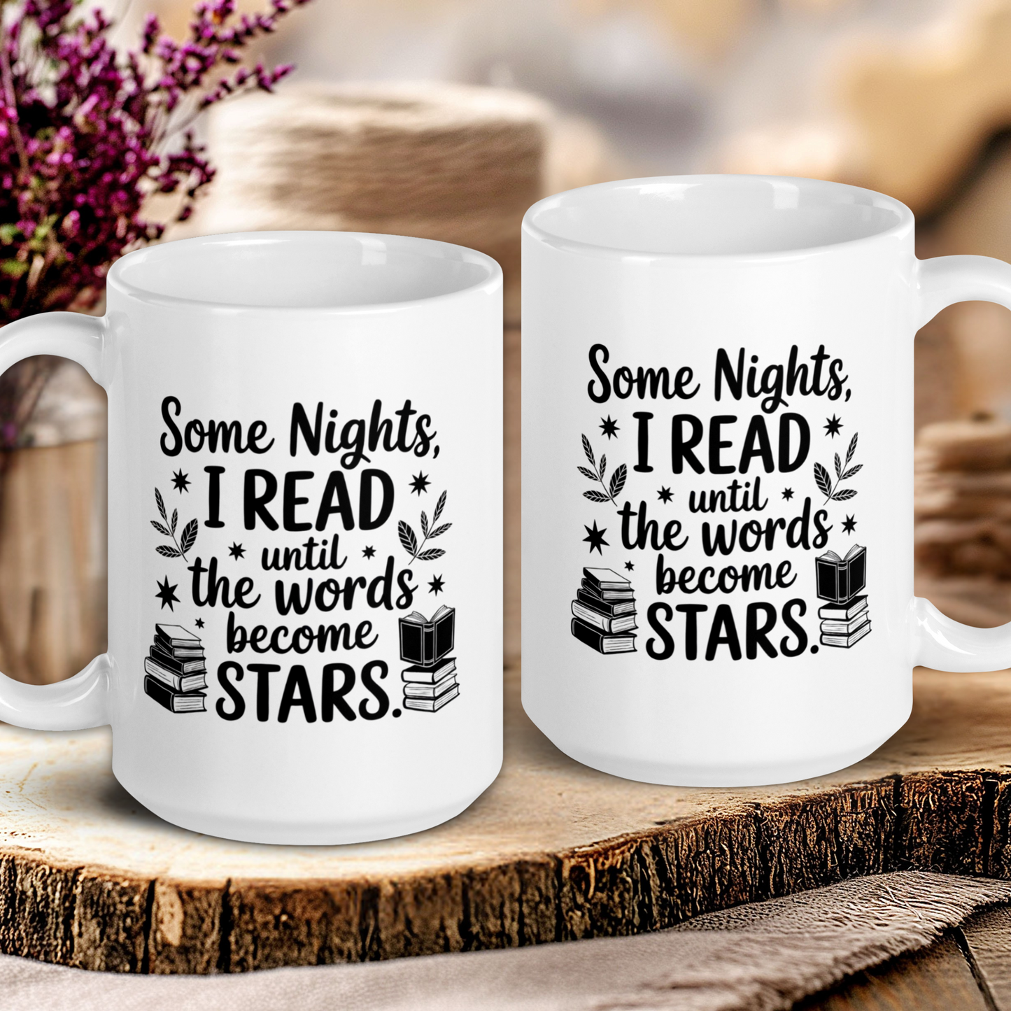 Two white mugs with literary-themed text on a wooden surface.