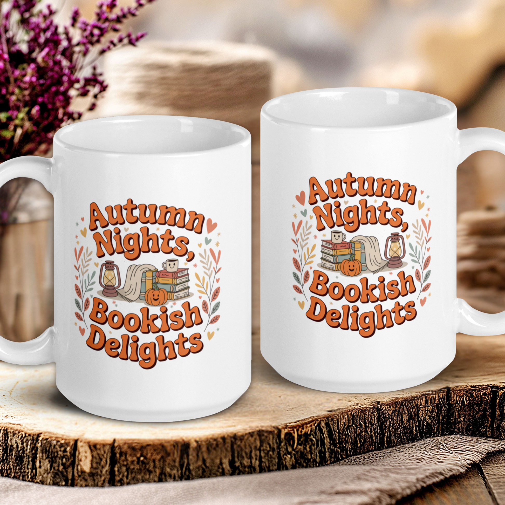 Two white mugs with 'Autumn Nights, Bookish Delights' text on a wooden surface.