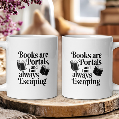 Two white mugs with a book-themed quote on a wooden surface.