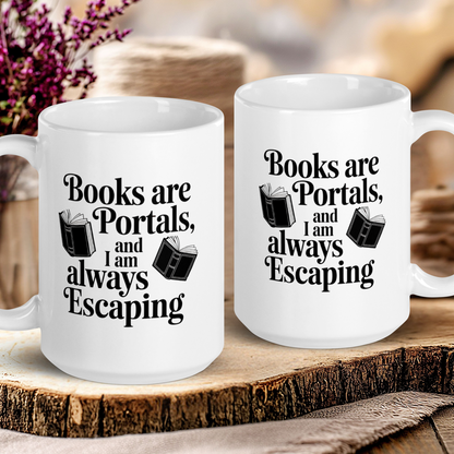 Two white mugs with book-themed text on a wooden surface.