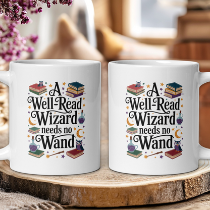 Two white mugs with 'A Well Read Wizard needs no Wand' text on a wooden surface.