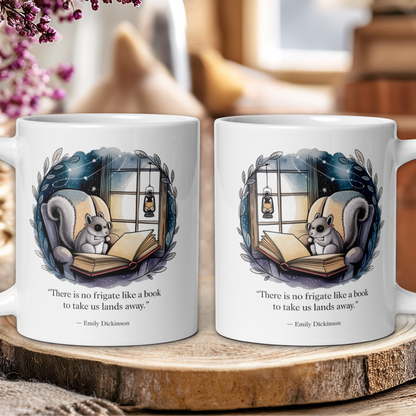Two mugs with a squirrel illustration and book quote on a wooden surface.