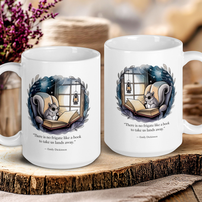Two mugs with illustrations and text on a wooden surface with a blurred background