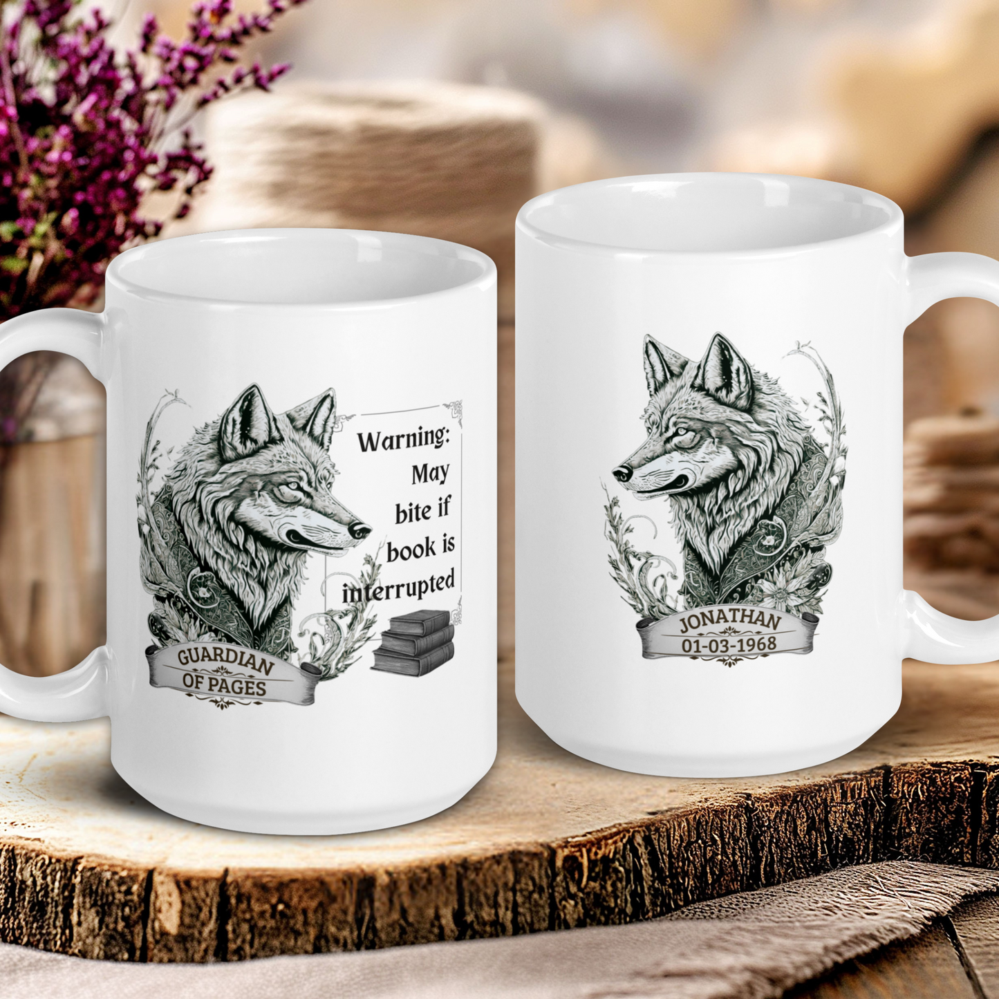 Two white mugs with wolf designs and text on a wooden surface.