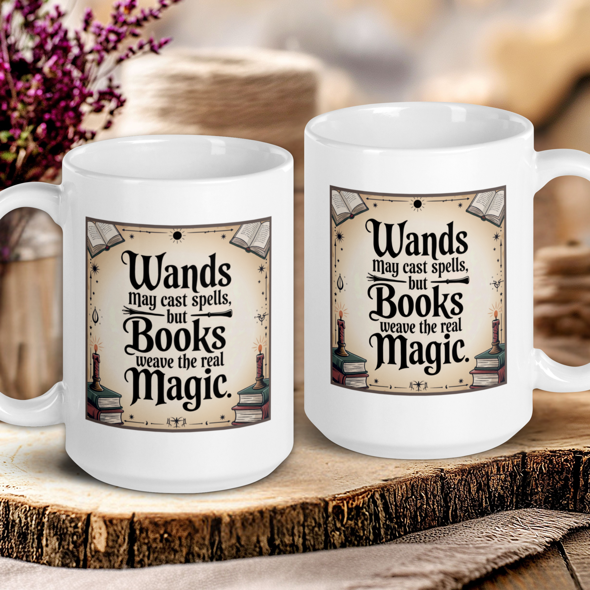 Two white mugs with vintage-style text design on a wooden surface.