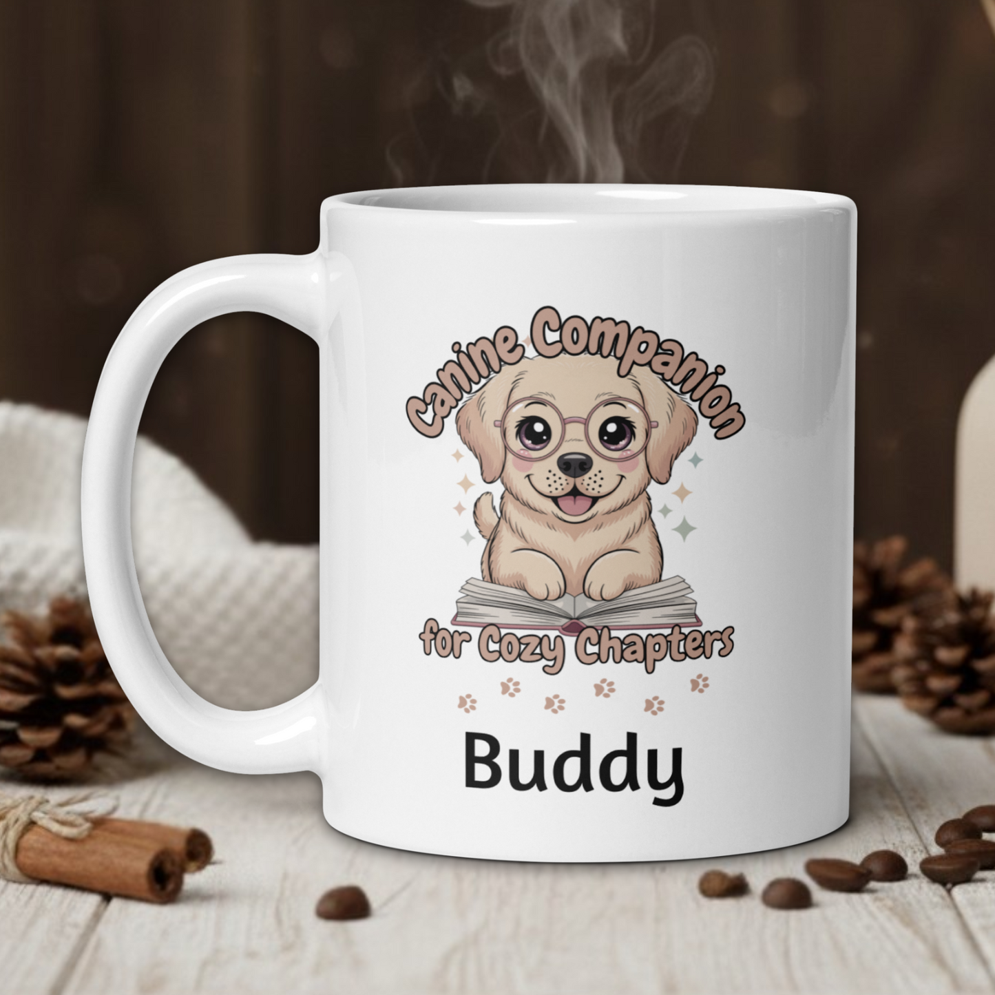 White mug with a cartoon dog design and text on a wooden surface with coffee beans and cinnamon sticks.