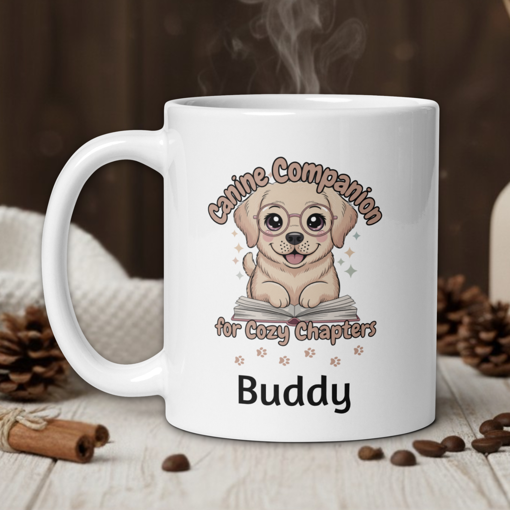 White mug with a cartoon dog design and text on a wooden surface with coffee beans and cinnamon sticks.