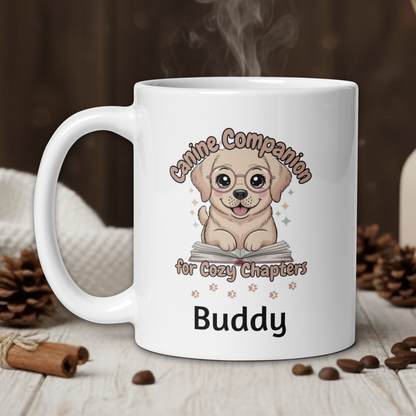 White mug with a cartoon dog design and text on a wooden surface with coffee beans and cinnamon sticks.