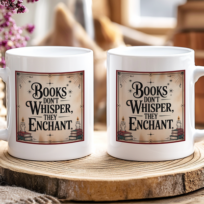 Two white mugs with a book-themed design and text on a wooden surface.