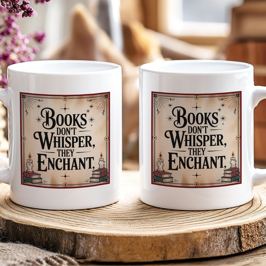 Two white mugs with a book-themed design and text on a wooden surface.