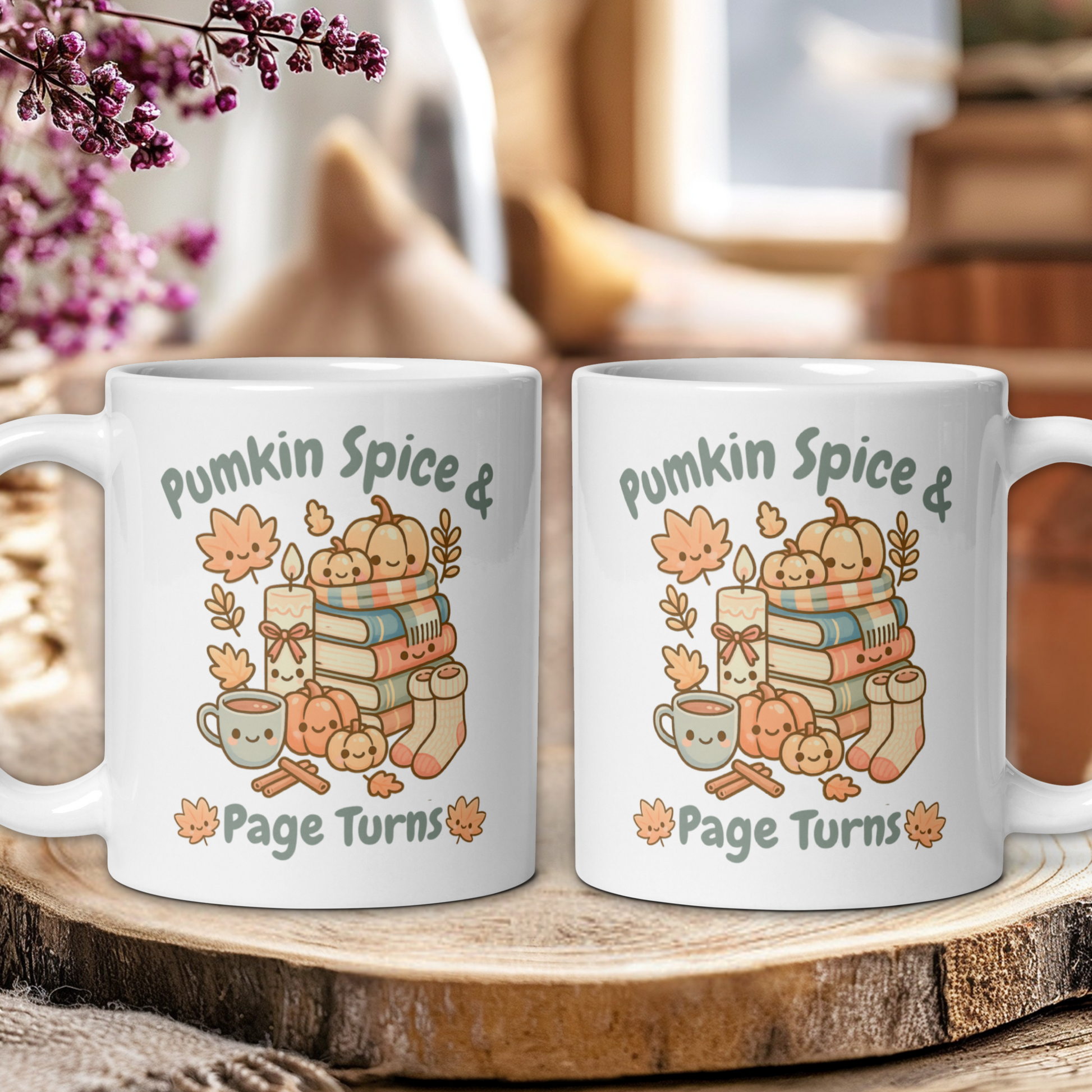 Two white mugs with pumpkin spice and page turns design on a wooden stand.