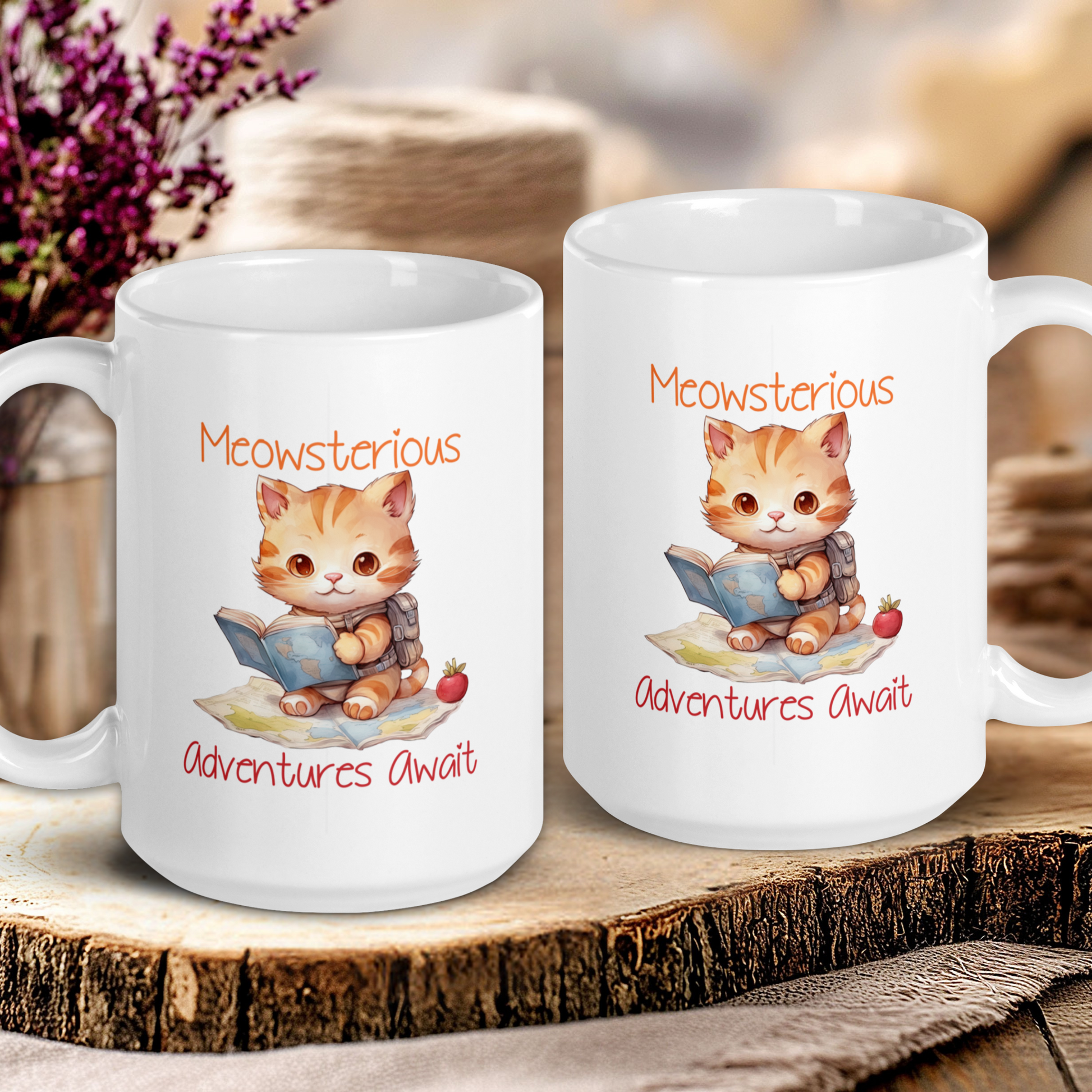 Two white mugs with a cat illustration and text on a wooden surface.