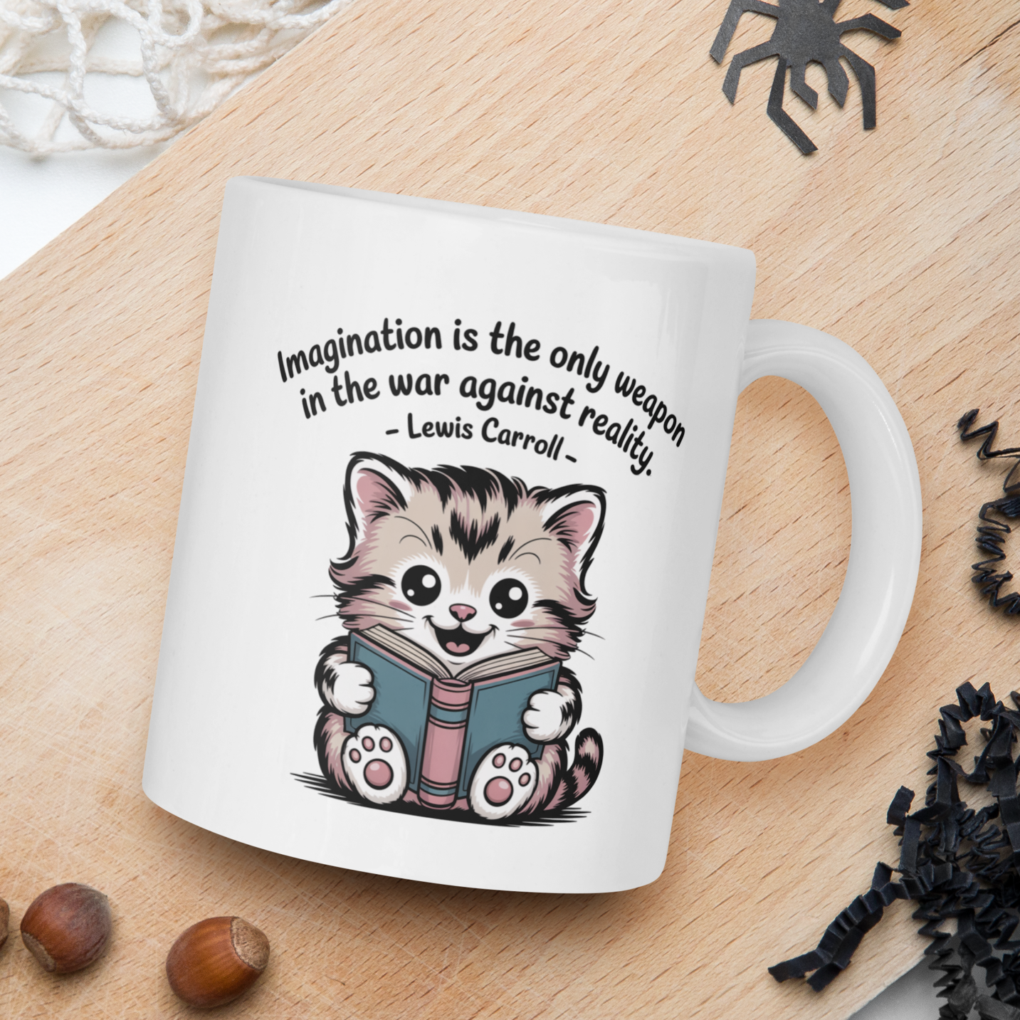 White mug with a cat illustration and text on a wooden board with natural elements.